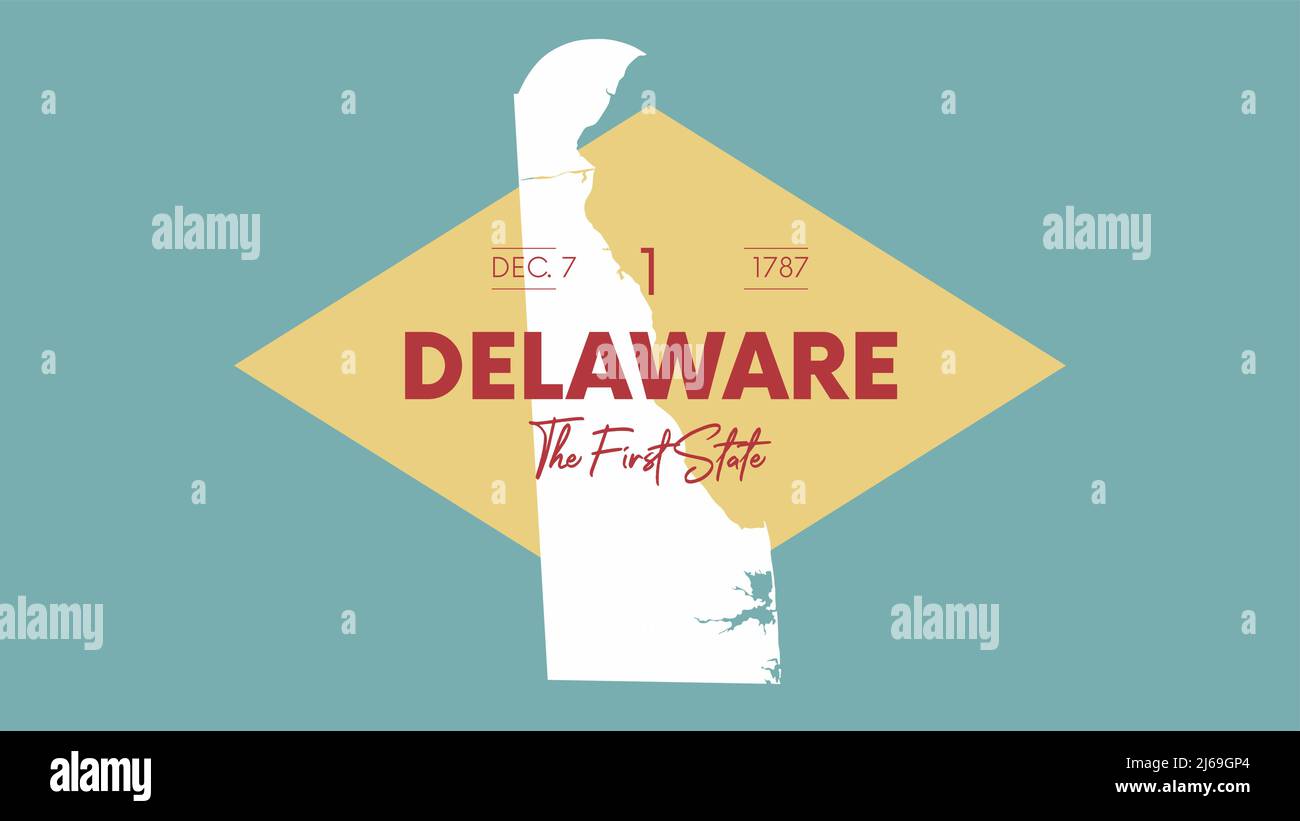 1 dei 50 stati Uniti d'America con nome, soprannome e data ammessi all'Unione, Mappa dettagliata di Vector Delaware per la stampa di poster, cartoline Illustrazione Vettoriale