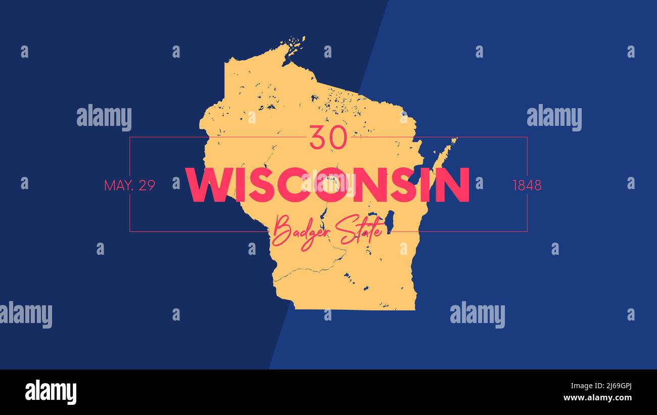 30 dei 50 stati Uniti con nome, soprannome e data ammessi all'Unione, Mappa dettagliata di Vector Wisconsin per la stampa di poster, posta Illustrazione Vettoriale