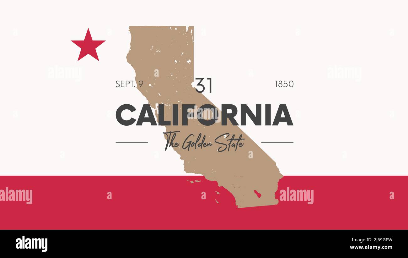 31 dei 50 stati Uniti d'America con nome, soprannome e data ammessi all'Unione, Mappa dettagliata di Vector California per la stampa di poster, Postc Illustrazione Vettoriale
