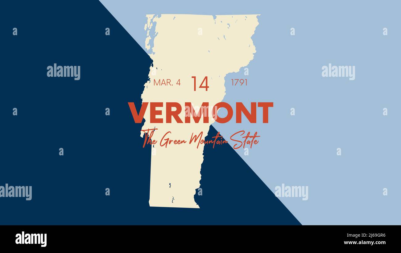 14 dei 50 stati Uniti d'America con un nome, nickname e data ammessi all'Unione, Mappa dettagliata Vector Vermont per la stampa di poster, cartolina Illustrazione Vettoriale