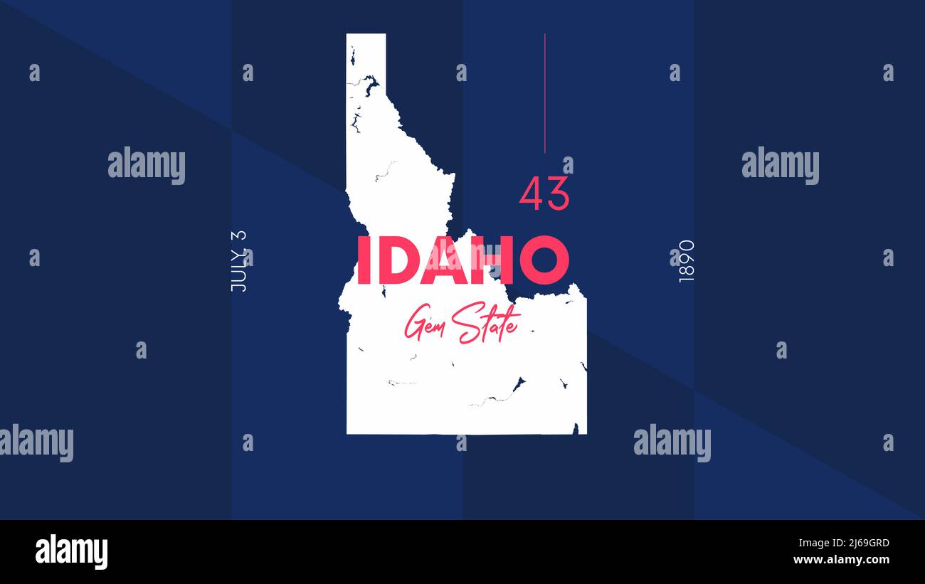 43 dei 50 stati Uniti d'America con nome, soprannome e data di ammissione all'Unione, Mappa dettagliata di Vector Idaho per la stampa di poster, cartoline Illustrazione Vettoriale