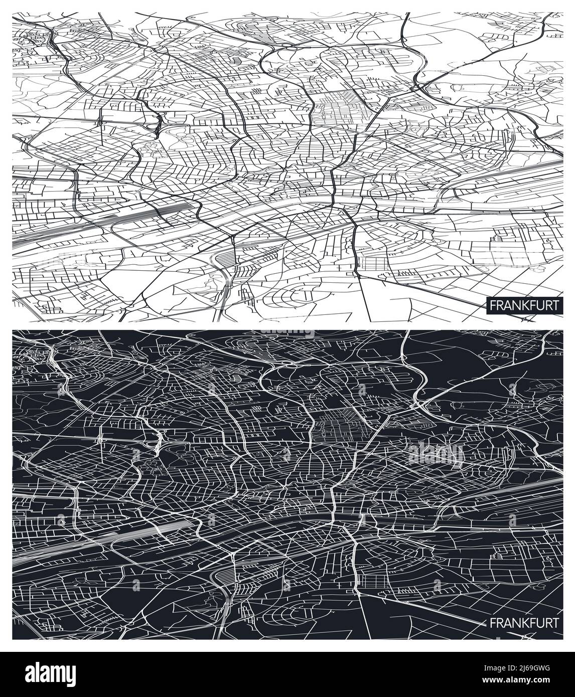 Vista aerea dall'alto mappa della città di Francoforte, piano dettagliato in bianco e nero, griglia urbana in prospettiva, illustrazione vettoriale Illustrazione Vettoriale