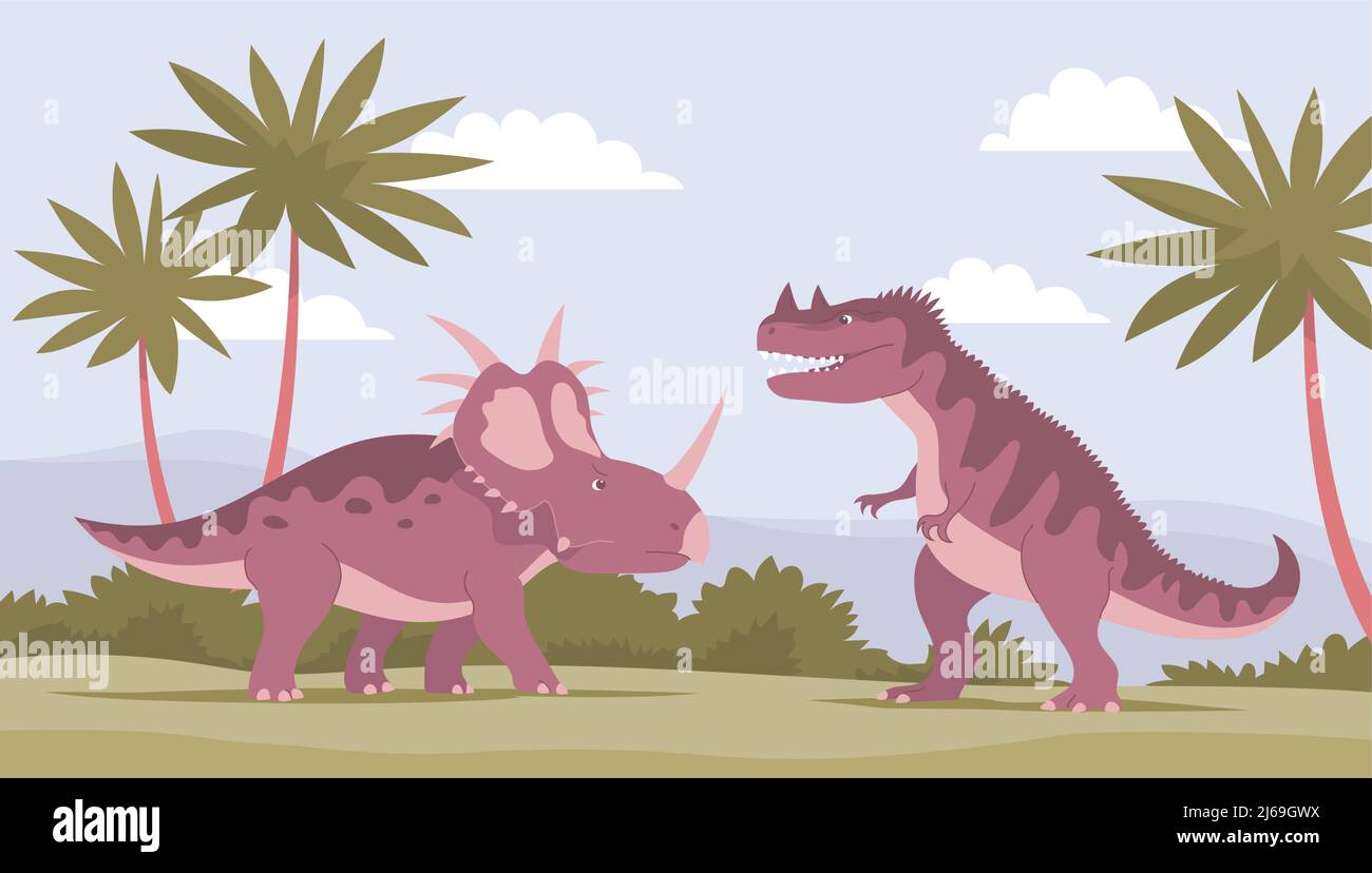 Styracosaurus vs ceratosaurus. Antichi dinosauri del periodo Giurassico. Illustrazione di un cartoon vettoriale. Sfondo naturale preistorico. Paesaggio selvaggio Illustrazione Vettoriale