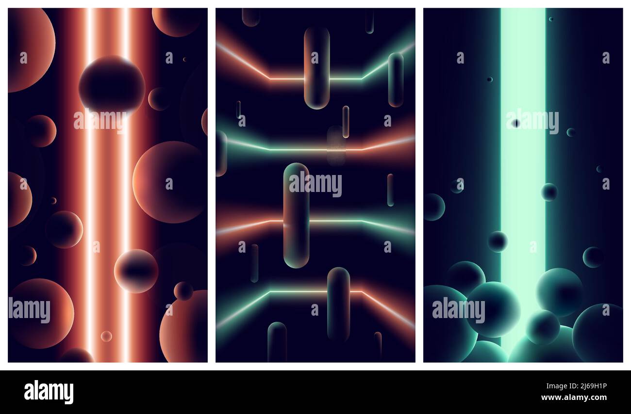 Sfondi futuristici astratti con luci al neon e linee in spazi scuri, gradienti di colori vivaci a spettro arancione e verde, retro Vector illustratio Illustrazione Vettoriale