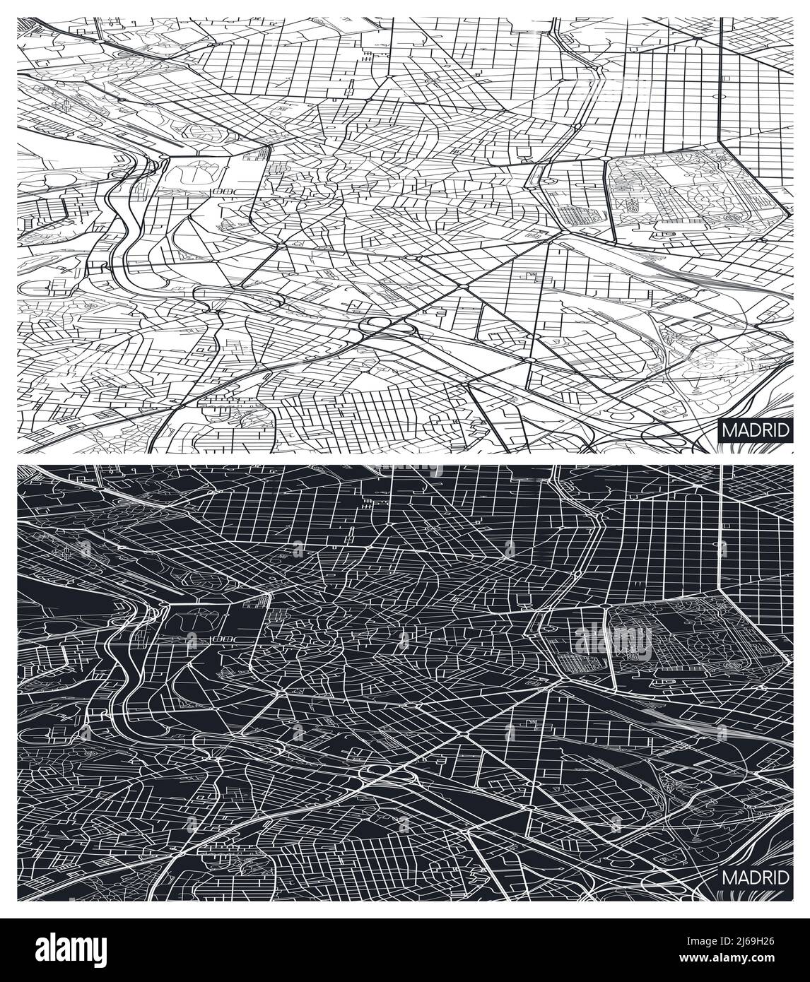 Vista aerea dall'alto mappa della città di Madrid, piano dettagliato in bianco e nero, griglia urbana in prospettiva, illustrazione vettoriale Illustrazione Vettoriale