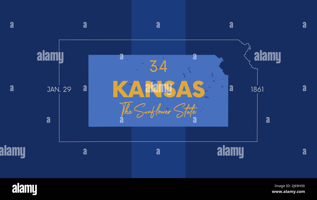 34 dei 50 stati degli Stati Uniti con un nome, un soprannome e una data ammessi all'Unione, Mappa dettagliata di Vector Kansas per la stampa di poster, cartoline Illustrazione Vettoriale