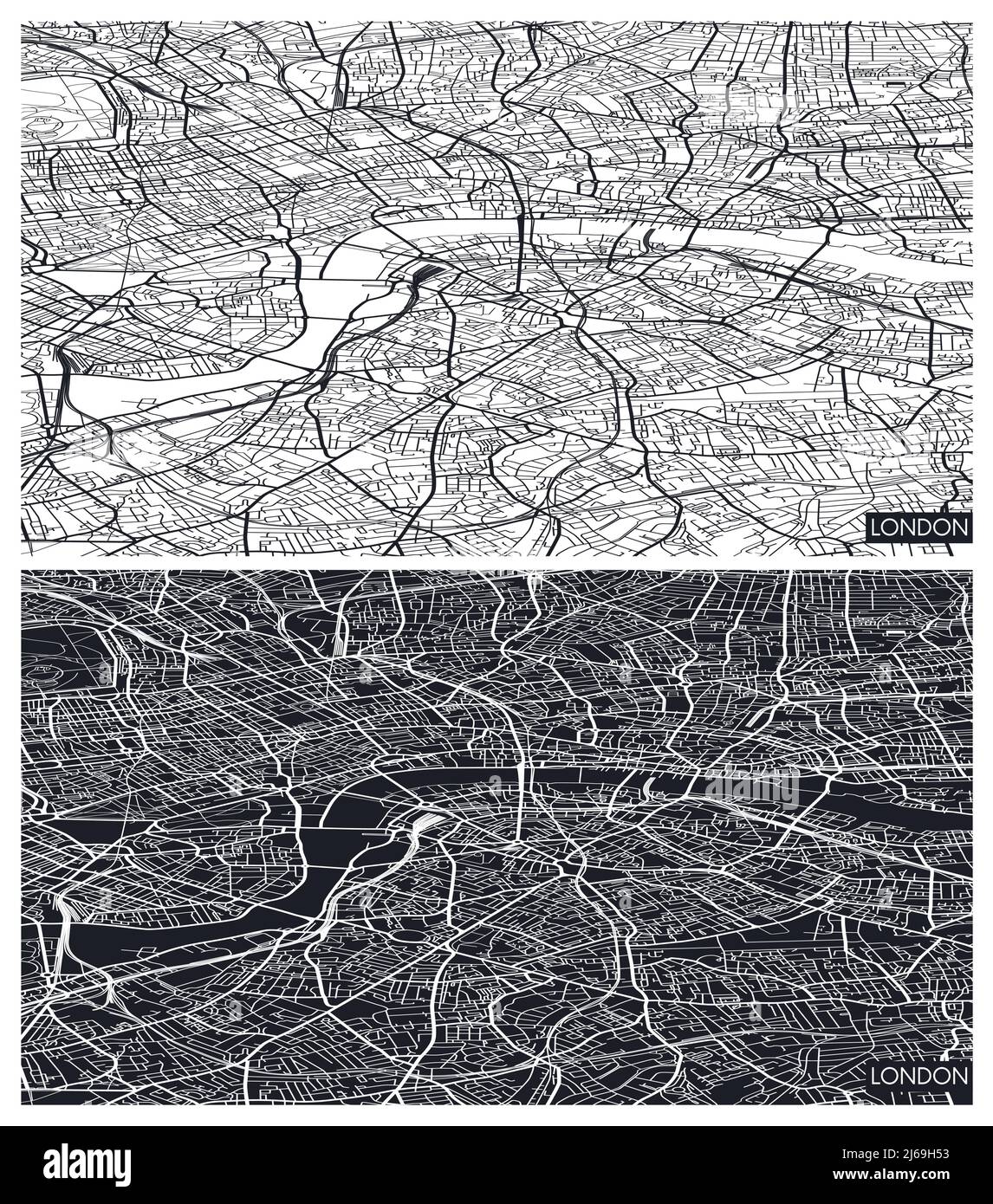 Vista aerea dall'alto mappa della città di Londra, piano dettagliato in bianco e nero, griglia urbana in prospettiva, illustrazione vettoriale Illustrazione Vettoriale