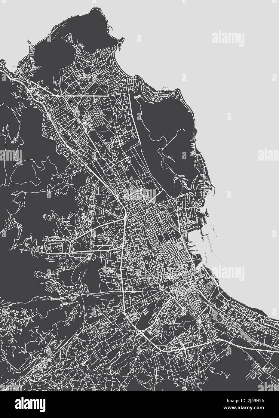 Mappa della città Palermo, piano dettagliato monocromatico, illustrazione vettoriale in bianco e nero Illustrazione Vettoriale