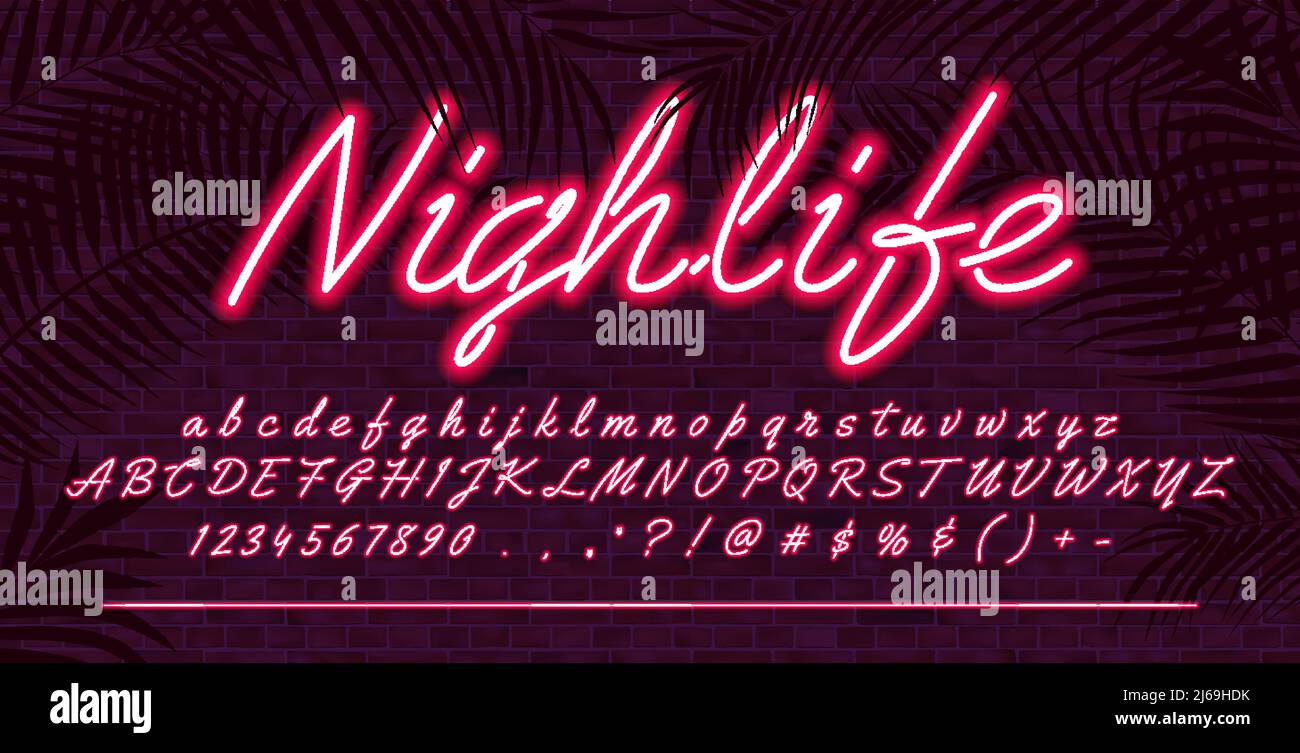 Carattere alfabeto chiaro al neon, lettere maiuscole e minuscole disegnate a mano con luce rossa, disegno tipografico vettoriale, sfondo a parete in mattoni con tropico Illustrazione Vettoriale