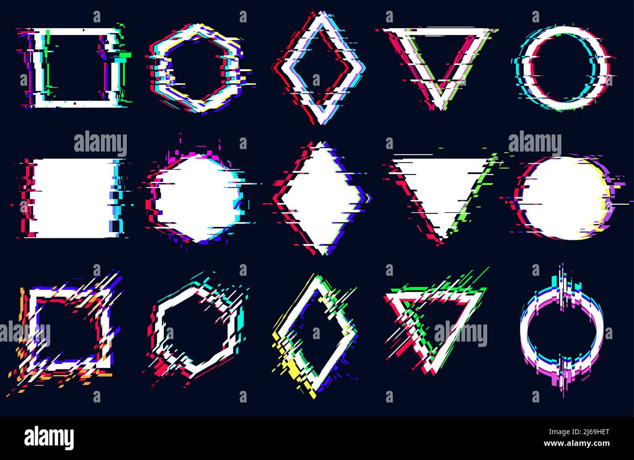 Forme geometriche vettoriali astratte con effetto fricch, difetto digitale, distorsione del telaio, quadrate, esagonali, rombo, triangolo, cerchio con rumore vhs Illustrazione Vettoriale