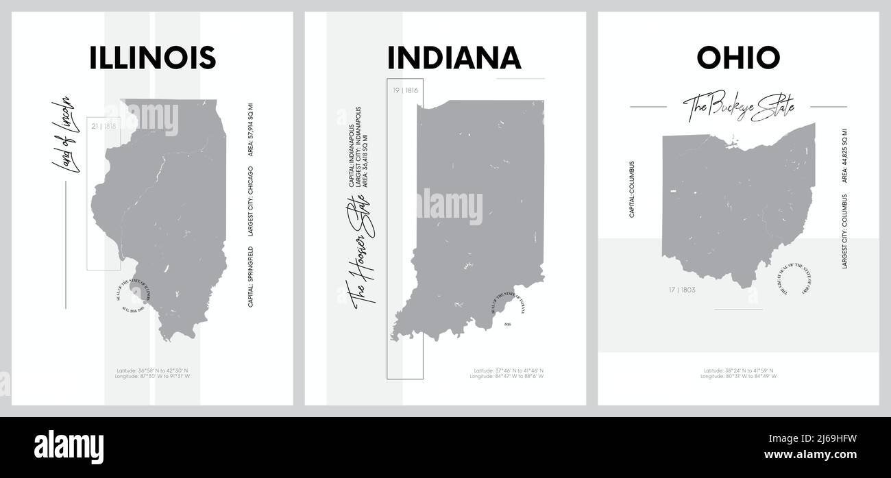 Poster vettoriali con sagome molto dettagliate delle mappe degli stati dell'America, Divisione Est Nord Centrale - Illinois, Indiana, Ohio - Set 4 di 17 Illustrazione Vettoriale