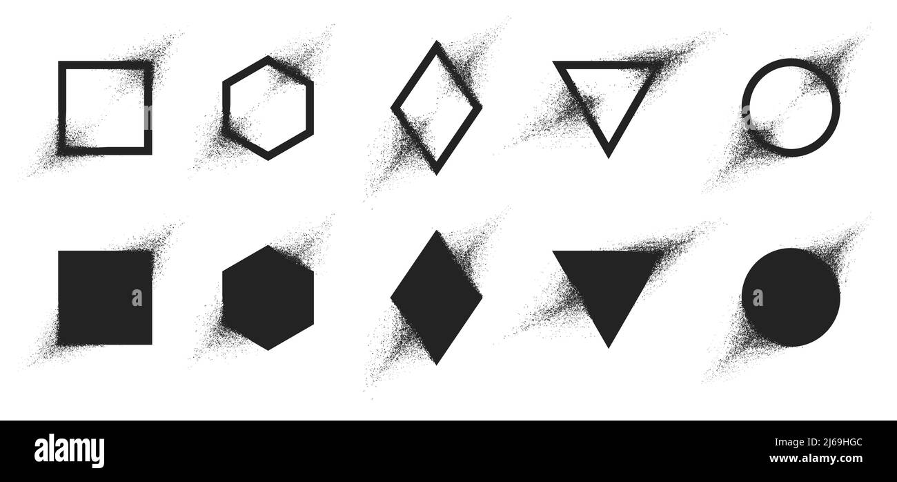 Set vettoriale di forme geometriche con effetto spray particellare, distruzione della figura che si trasforma in polvere Illustrazione Vettoriale