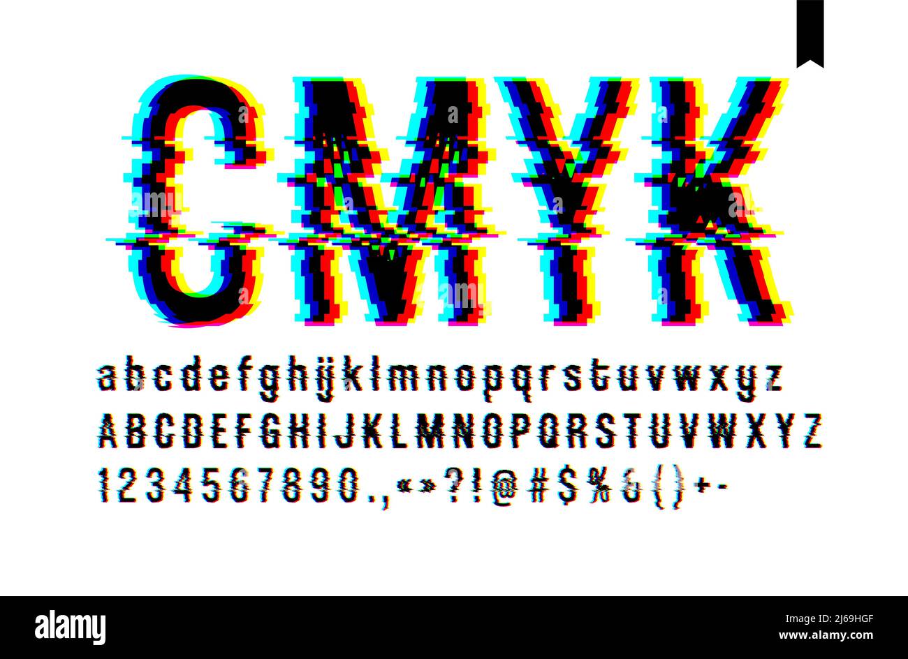 Stile moderno distorto carattere glitch, mescolando blu rosa e giallo canale schermo difetto, lettere maiuscole e minuscole, solo su uno sfondo chiaro Illustrazione Vettoriale