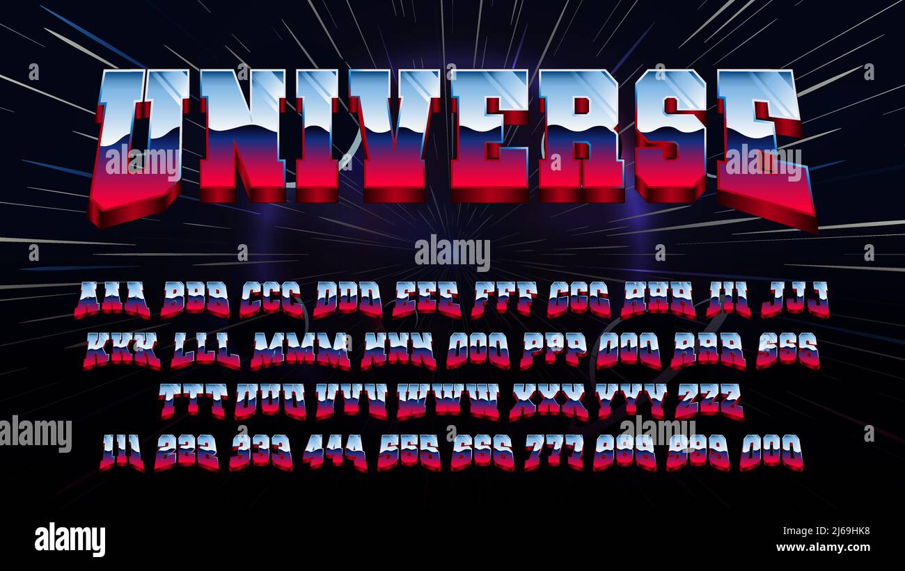 Carattere retrò futuristico latino, lettere e numeri con effetto 80s metallizzato e lucido, alfabeto Sci-Fi Vector vintage metal, sfumatura di colore in vintage s. Illustrazione Vettoriale