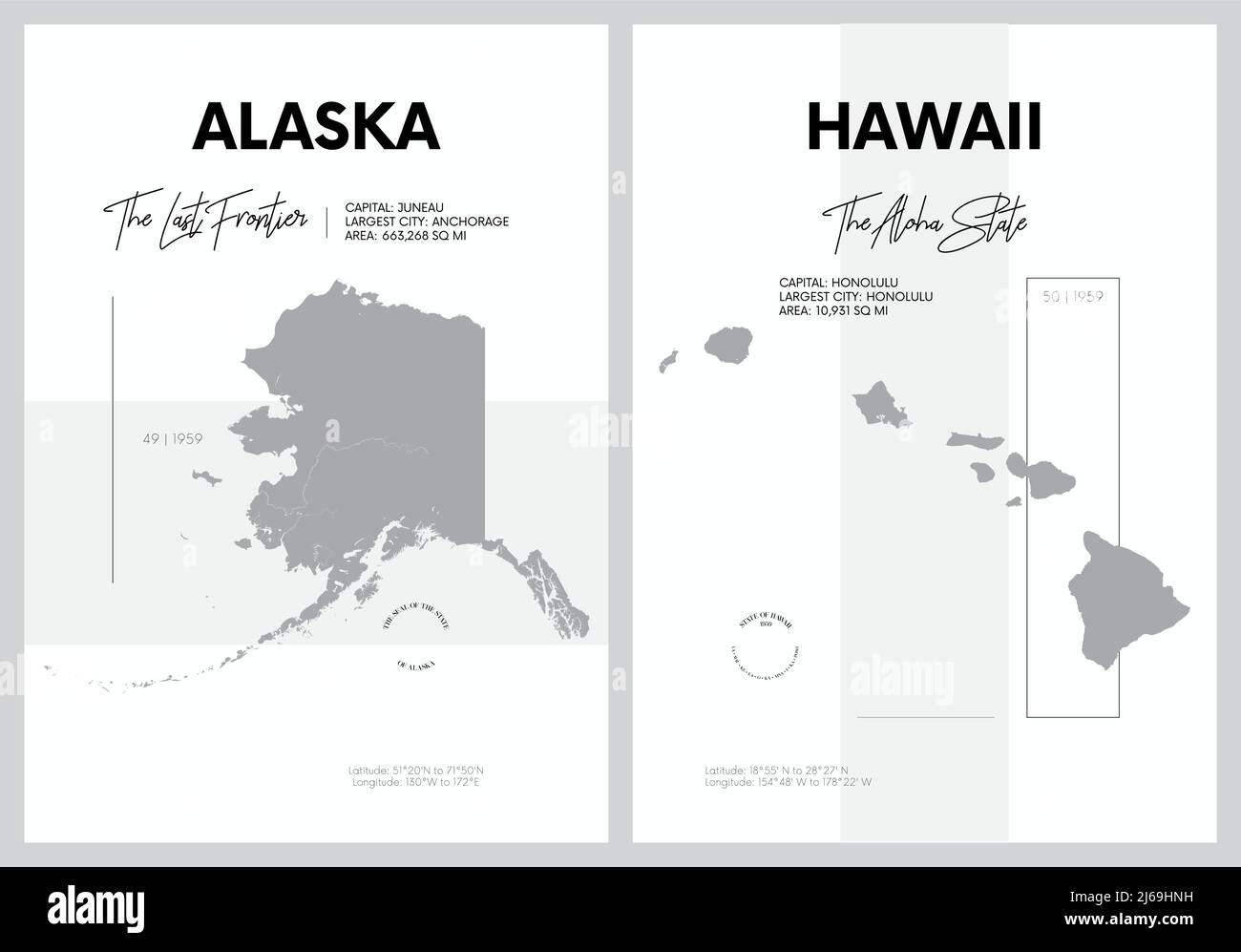 Poster vettoriali con sagome molto dettagliate delle mappe degli stati dell'America, Divisione Pacifico - Alaska, Hawaii - Set 17 di 17 Illustrazione Vettoriale