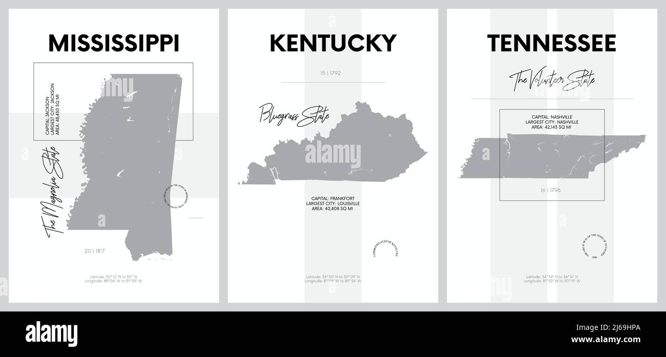 Poster vettoriali con sagome molto dettagliate delle mappe degli stati dell'America, Divisione East South Central - Mississippi, Kentucky, Tennessee - Set Illustrazione Vettoriale