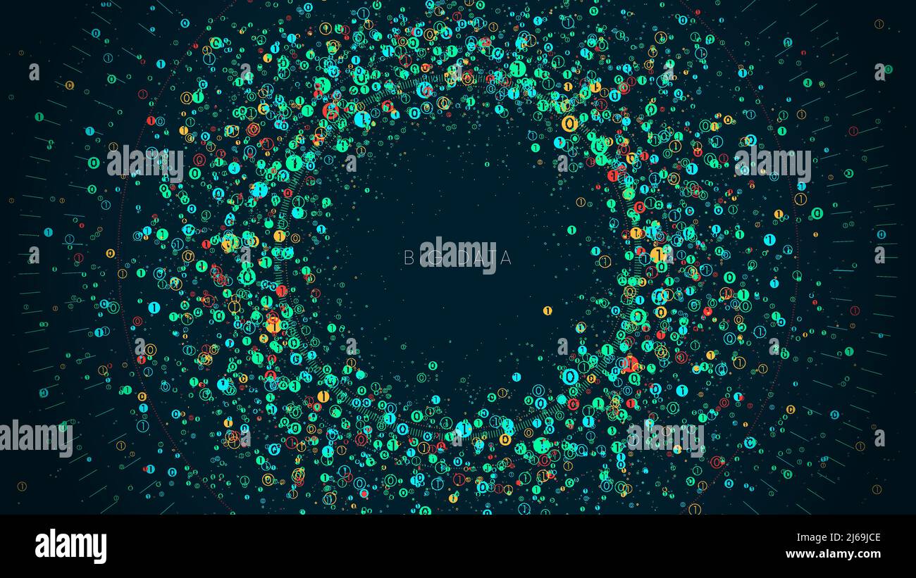 Software applicativo per l'elaborazione del concetto di visualizzazione della rete Big Data, flusso di dati binari virtuali, illustrazione vettoriale Illustrazione Vettoriale
