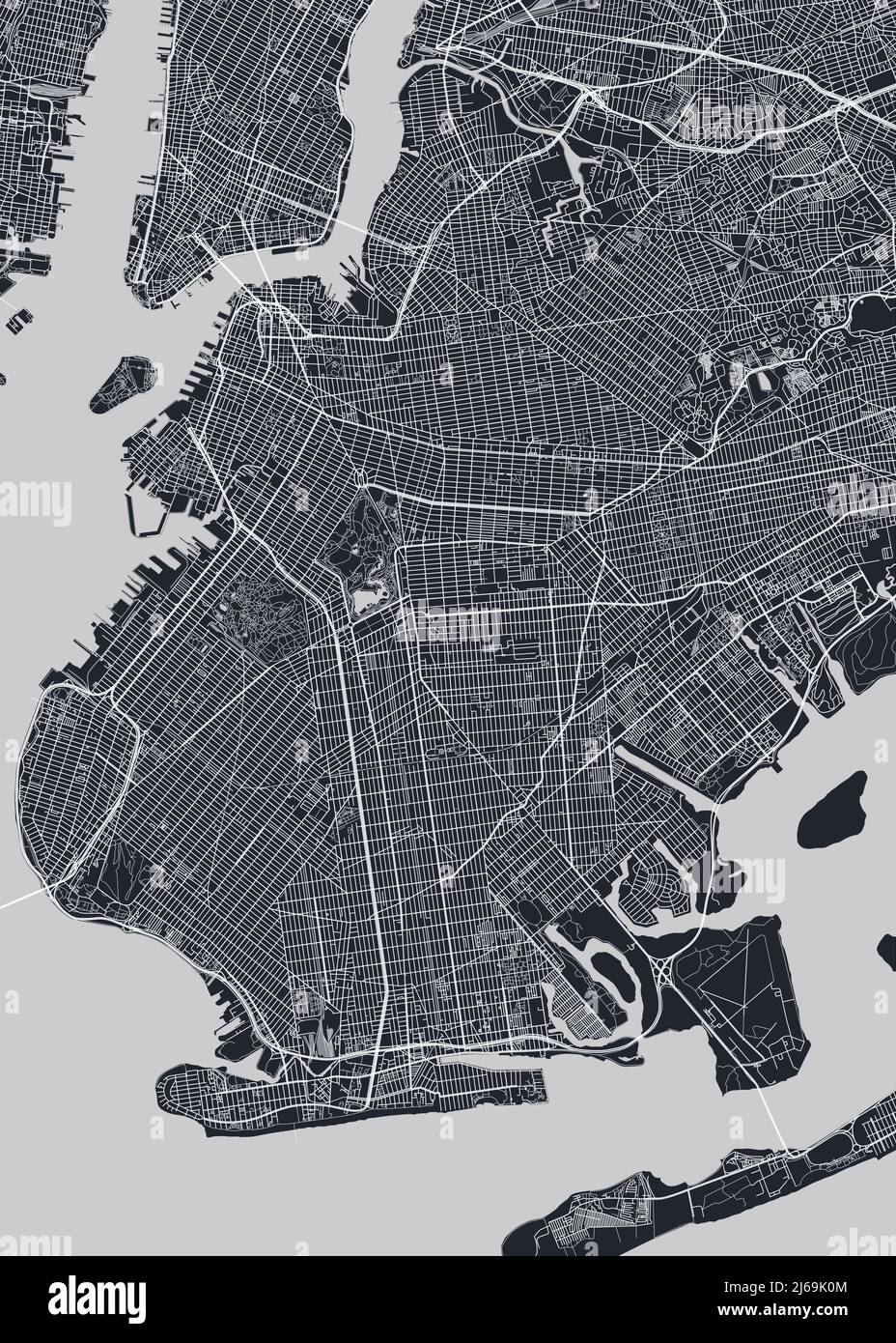 Mappa dettagliata del quartiere di Brooklyn New York City, poster vettoriale monocromatico o cartolina vista aerea della città Illustrazione Vettoriale