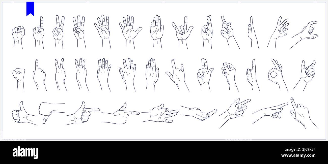 Set di contorni di mani, segni e gesti umani illustrazioni vettoriali isolate su sfondo bianco Illustrazione Vettoriale