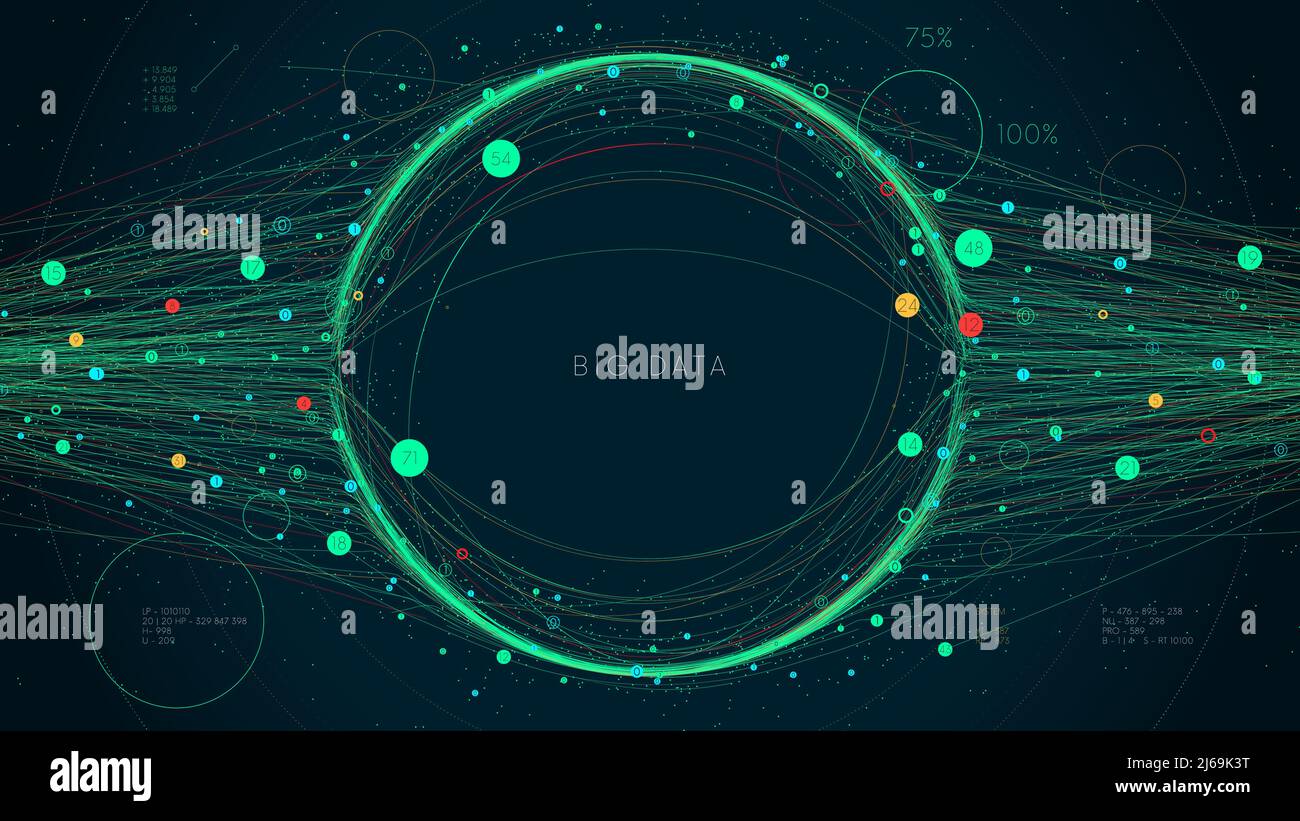 Concetto di visualizzazione digitale dei big data, presentazione futuristica infografica dell'analisi aziendale, rete di informazioni, illustrazione vettoriale Illustrazione Vettoriale