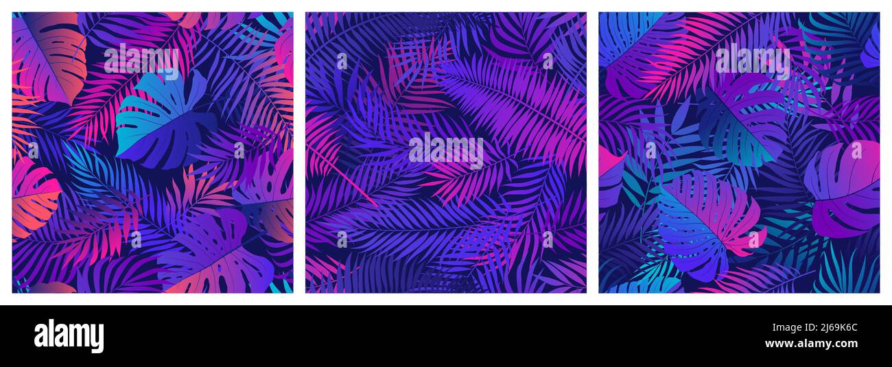 Set di motivi senza giunture con foglie e piante esotiche tropicali, set vettoriale in sfumature ultraviolette, con riflessi neon di colore rosa e blu Illustrazione Vettoriale