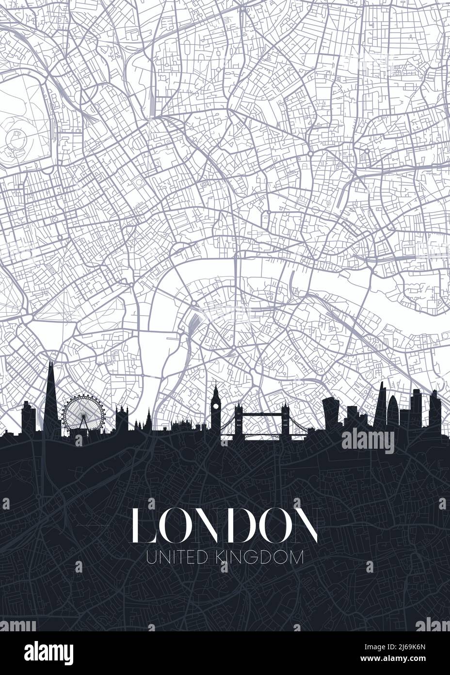 Mappa dello skyline e della città di Londra, poster dettagliato del vettore urbanistico Illustrazione Vettoriale