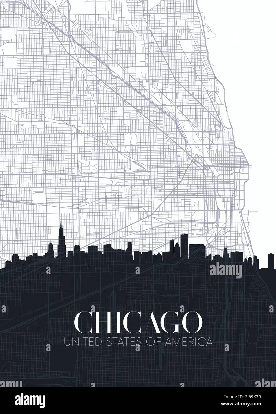 Mappa dello skyline e della città di Chicago, poster dettagliato del vettore urbanistico Illustrazione Vettoriale