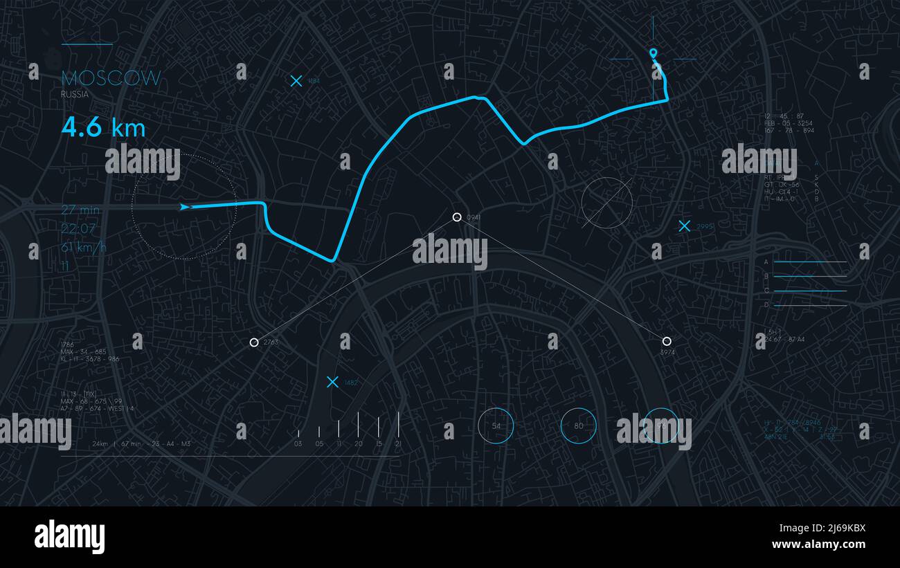 Futuristico percorso dashboard GPS tracking map, navigazione tecnologia cartografica e destinazione finale sulle strade della città di Mosca Illustrazione Vettoriale