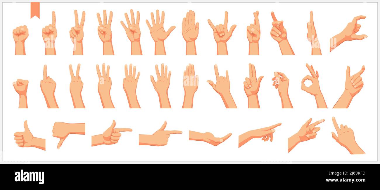 Insieme di mani, segni e gesti umani realistici, figure e movimenti delle dita illustrazioni vettoriali isolate su sfondo bianco Illustrazione Vettoriale