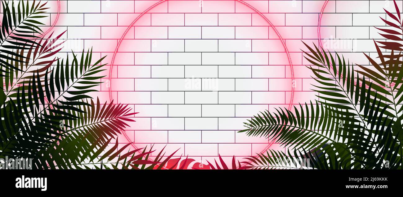 Forma rotonda al neon rosso, sullo sfondo di una piastrella rettangolare bianca, tecnologia moderna, foglie di piante tropicali, rami di palma wide vettore ill Illustrazione Vettoriale