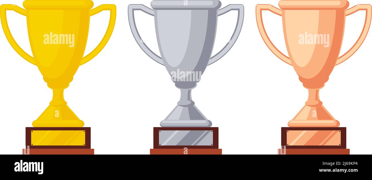 Coppe trofei in bronzo argento oro. Coppa del premio del vincitore del gioco, trofei di sport di corsa, posto in graduatoria icone del premio del goblet illustrazione vettoriale Illustrazione Vettoriale