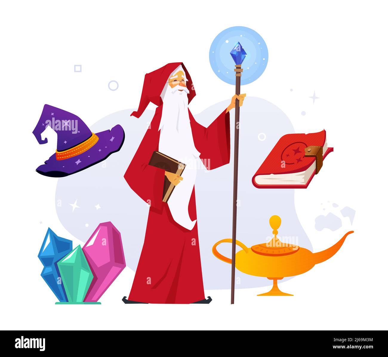 Vecchio mago e oggetti magici - moderno poster vettoriale colorato Illustrazione Vettoriale