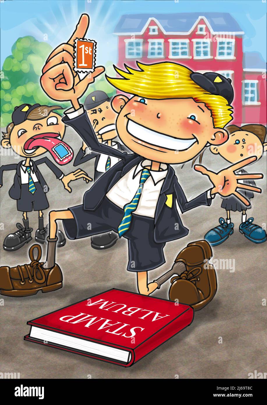 Illustrazione d'arte di un ragazzo della scuola con un album del bollo, tenendo un francobollo, osservante felice, esprimente il suo amore del bollo che raccoglie la filatelia della gioventù. Foto Stock