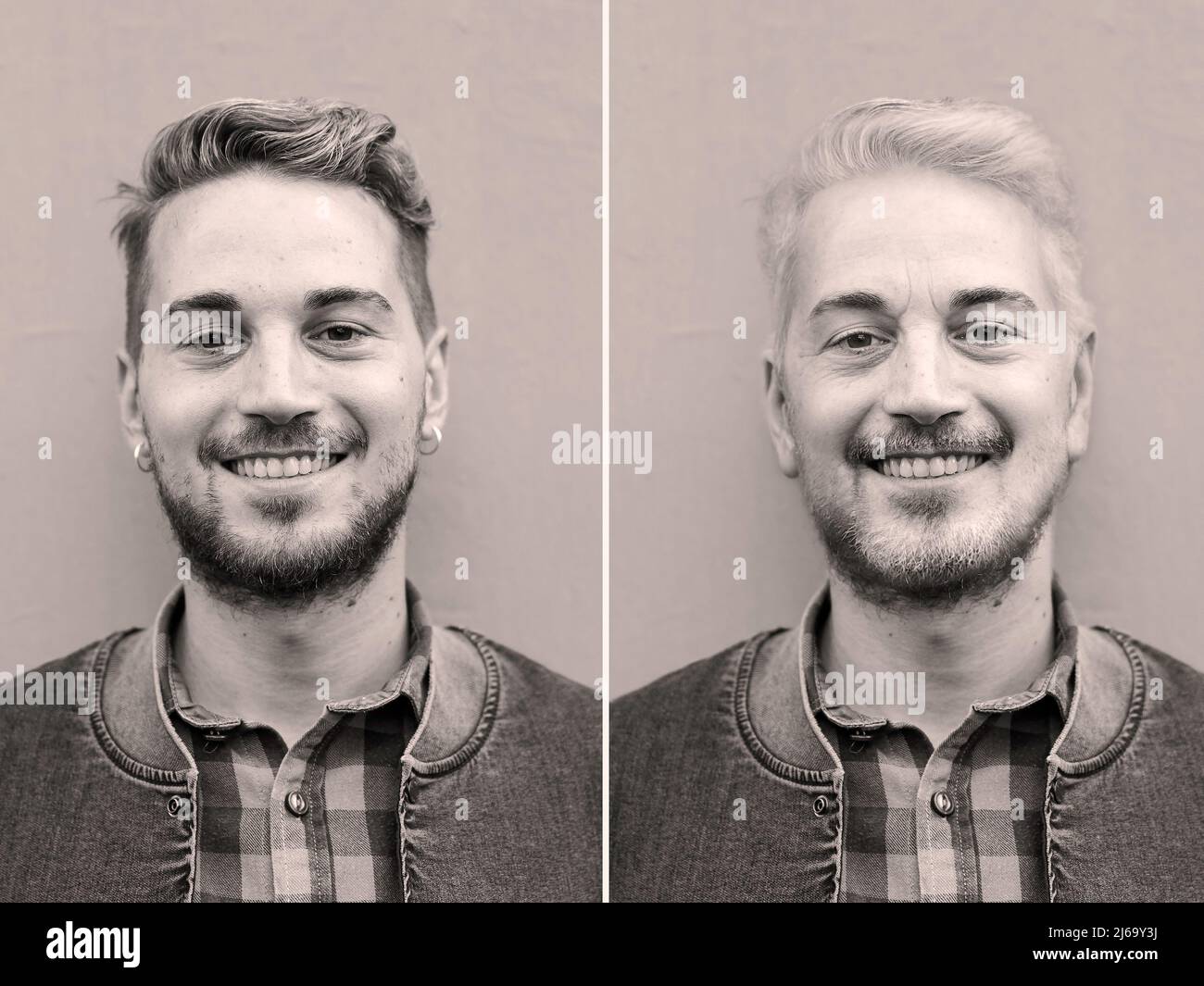 Ritratto comparativo dello stesso uomo caucasico giovane e vecchio - confronto tra volto giovane e vecchio - processo di invecchiamento per gli uomini - UV fi bianco e nero Foto Stock