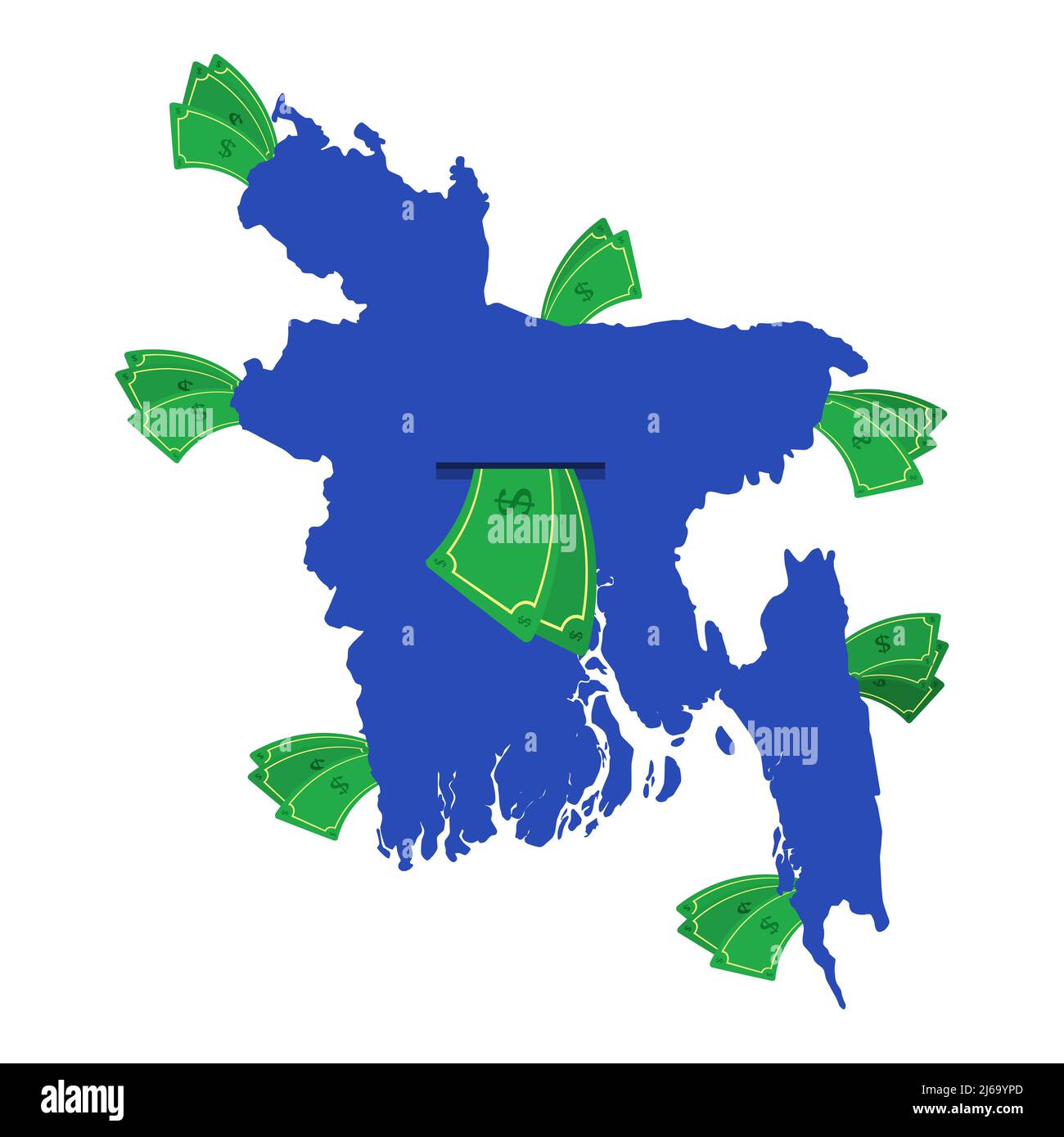Mappa del Bangladesh in blu con bollette di denaro intorno. Denaro che lascia il centro del paese. Economia del paese bengalese. Sfondo bianco. Isolato. Illustrazione Vettoriale