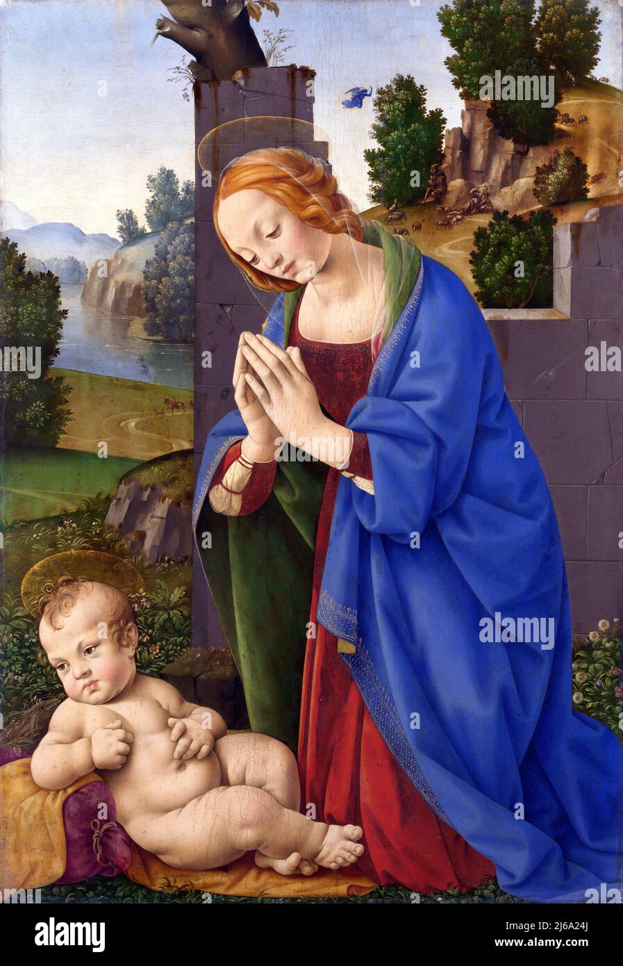 La Vergine adorante il Bambino di Lorenzo di Credi (c.1456–1537), olio su legno, c.. 1490-1500 Foto Stock