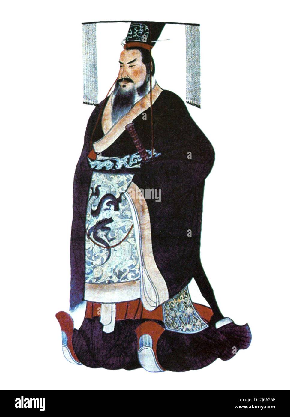 Qin Shi Huang (259 AC-210 AC). Ritratto del fondatore della dinastia Qin e del primo imperatore di una Cina unificata. Illustrazione, circa 1850, da 'l'esercito cinese di terracotta e il primo mausoleo dell'Imperatore' di Zhongyi Yuan Foto Stock