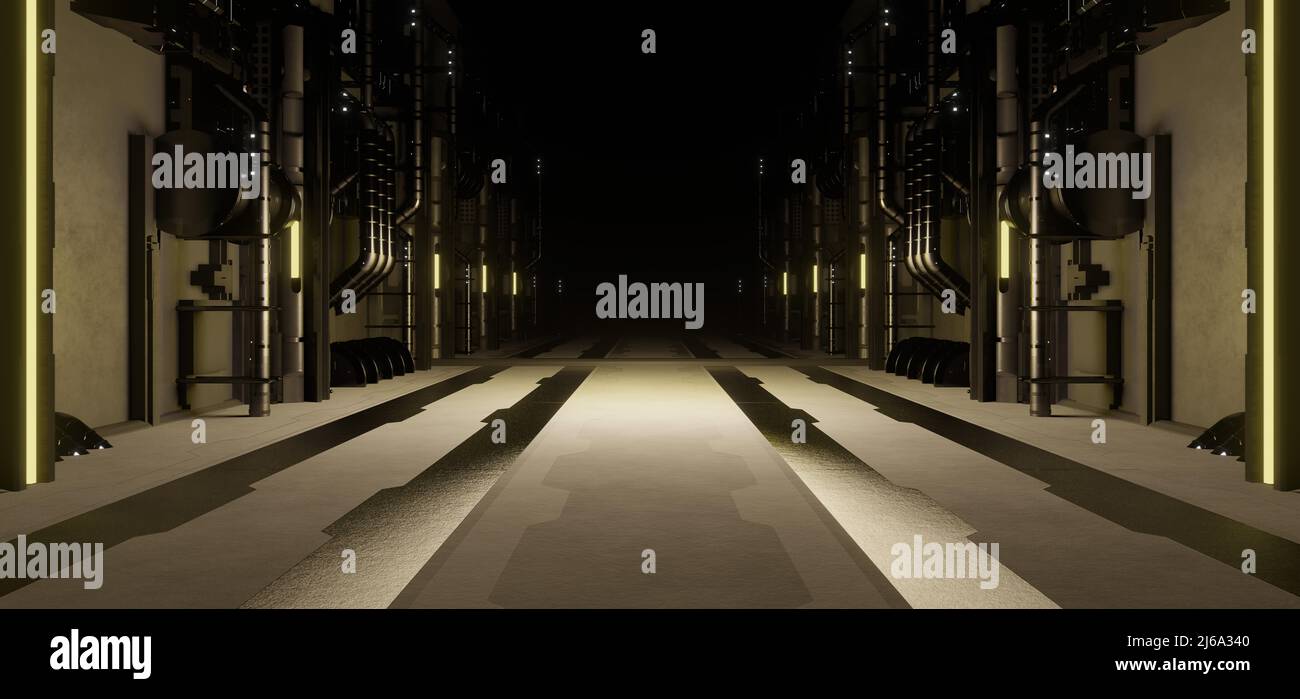 Bella galleria d'oro Hall of Neon luci riflessi lucenti incandescenti - Abstract sfondo trama 3D rendering Foto Stock