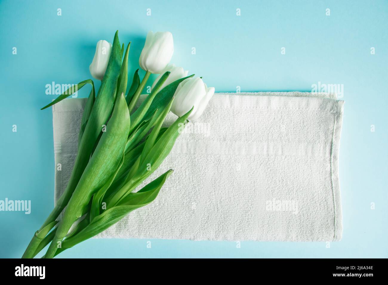 Prodotti per la cura della pelle su sfondo blu. Cosmetici naturali e tulipani bianchi. Posiziona per il testo. Foto Stock