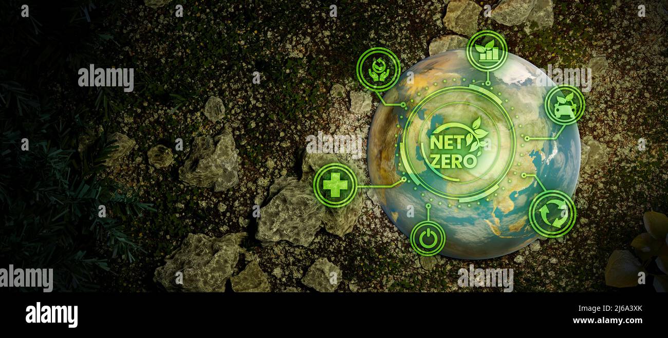 Concetto di energia rinnovabile Giornata della Terra o protezione dell'ambiente pianeta sul terreno e contribuire a salvare le idee del mondo con icone ambientali incandescenti 3D Re Foto Stock