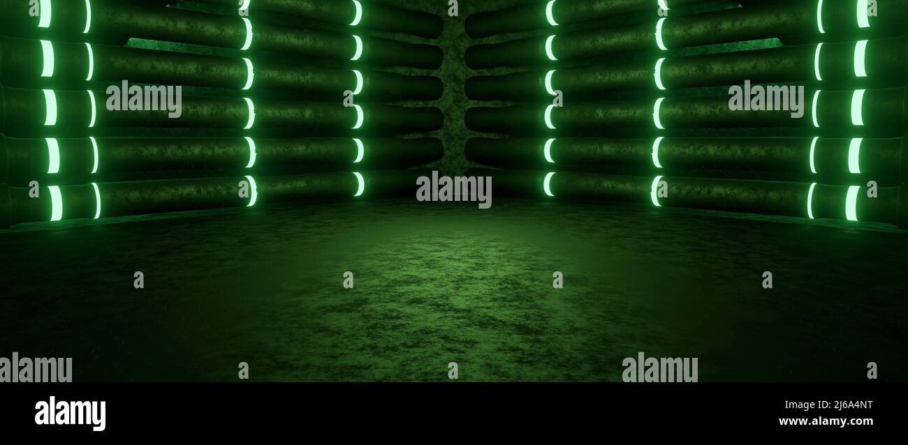 Sfondo di stanza vuota, pavimento in cemento e pareti, piastrelle. Linee laser multicolore, luce al neon verde 3D Render Foto Stock