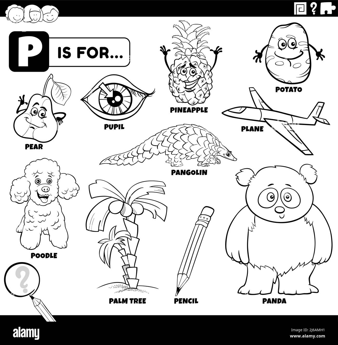 Illustrazione di cartoni animati didattici in bianco e nero per bambini con caratteri fumetti e oggetti impostati per la pagina di libro da colorare lettera P. Illustrazione Vettoriale