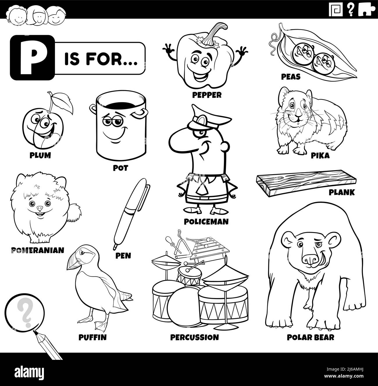 Illustrazione di cartoni animati didattici in bianco e nero per bambini con caratteri fumetti e oggetti impostati per la pagina di libro da colorare lettera P. Illustrazione Vettoriale