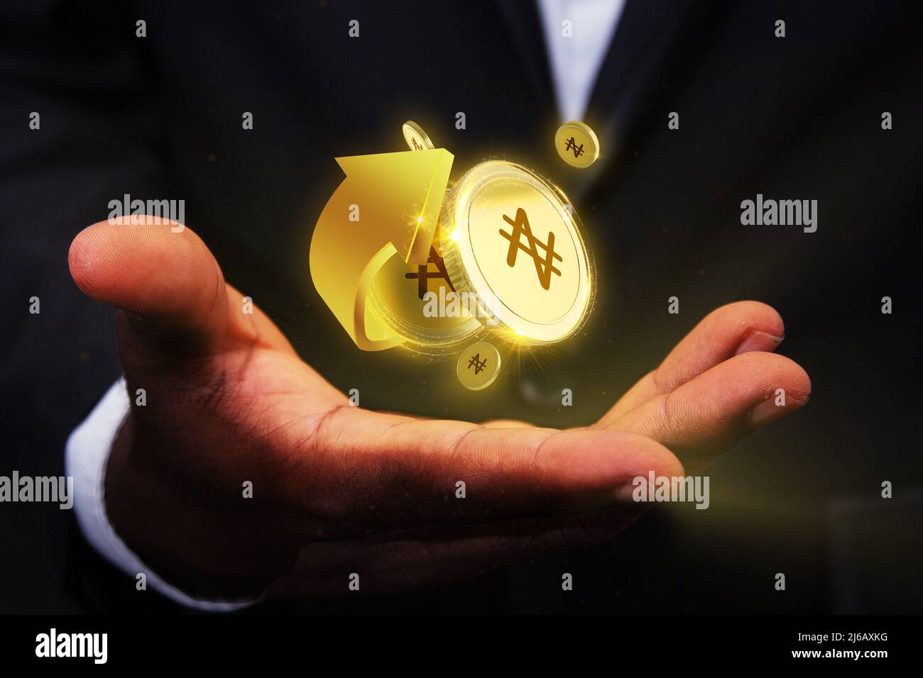 3D rendering di naira naira concetto di monete galleggianti su palma di uomo d'affari, valuta digitale sospendendo su mano. Ologramma in da palma Foto Stock
