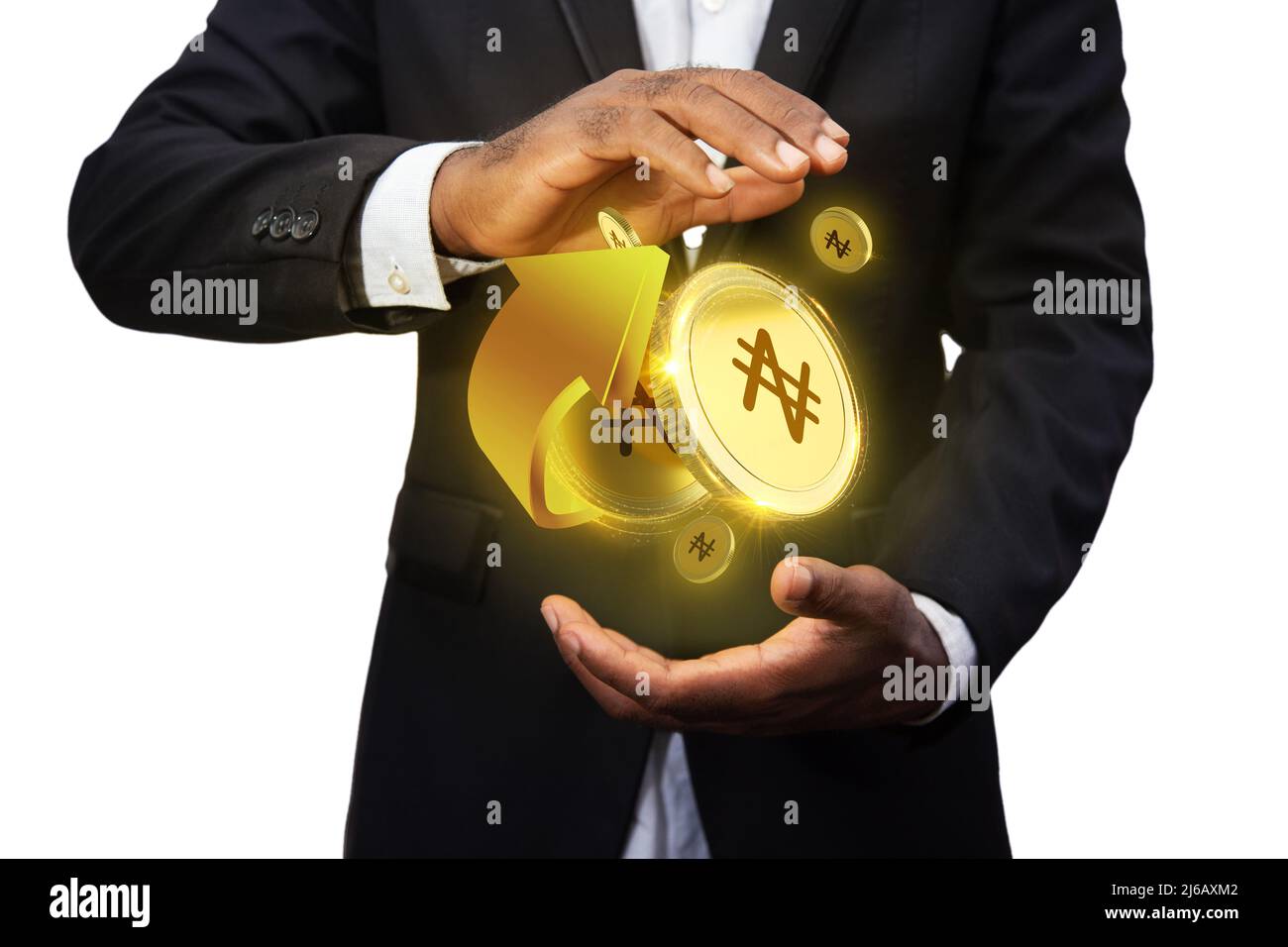 3D rendering di naira naira concetto di monete galleggianti su palma di uomo d'affari, valuta digitale sospendendo su mano. Ologramma in mani su bianco bac Foto Stock
