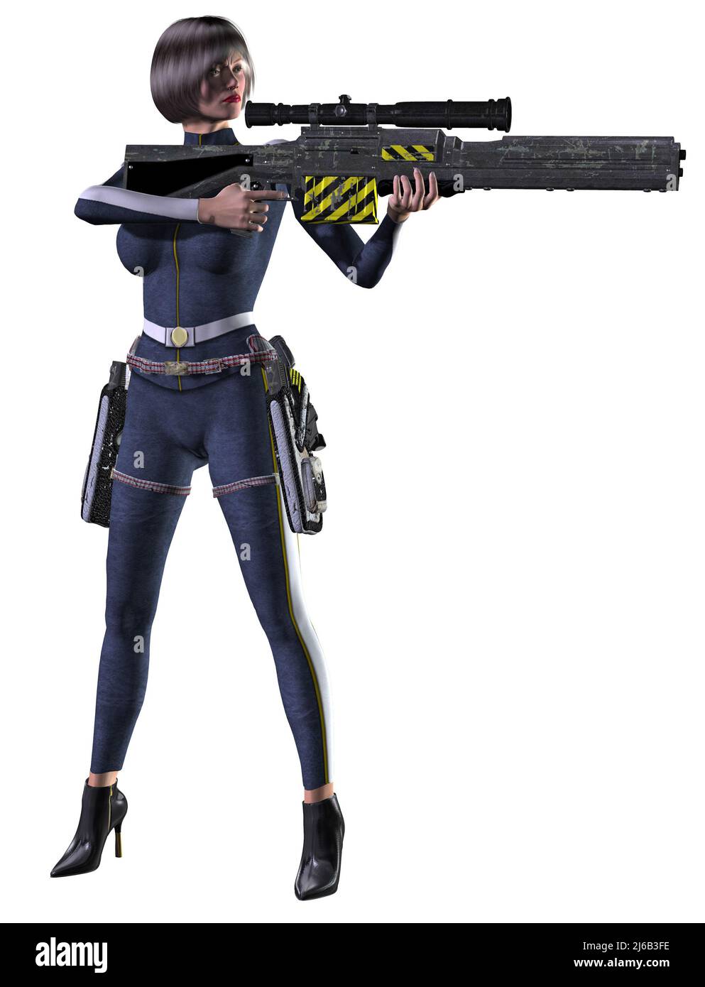 Donna futuristica della polizia armata di fucile, illustrazione del 3D Foto Stock