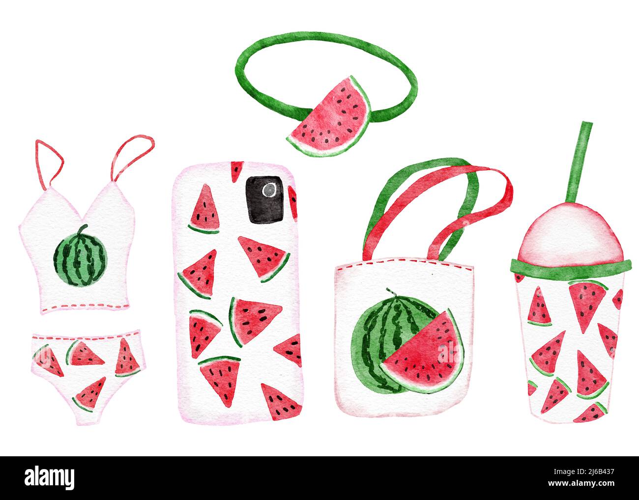 Acquerello oggetti disegnati a mano con stampa acquerello estiva, costume da bagno verde rosso, custodia per cellulare funner, borsa tote, bicchiere. Girly moda per vacanza design. Stampa kawaii brillante e carina Foto Stock
