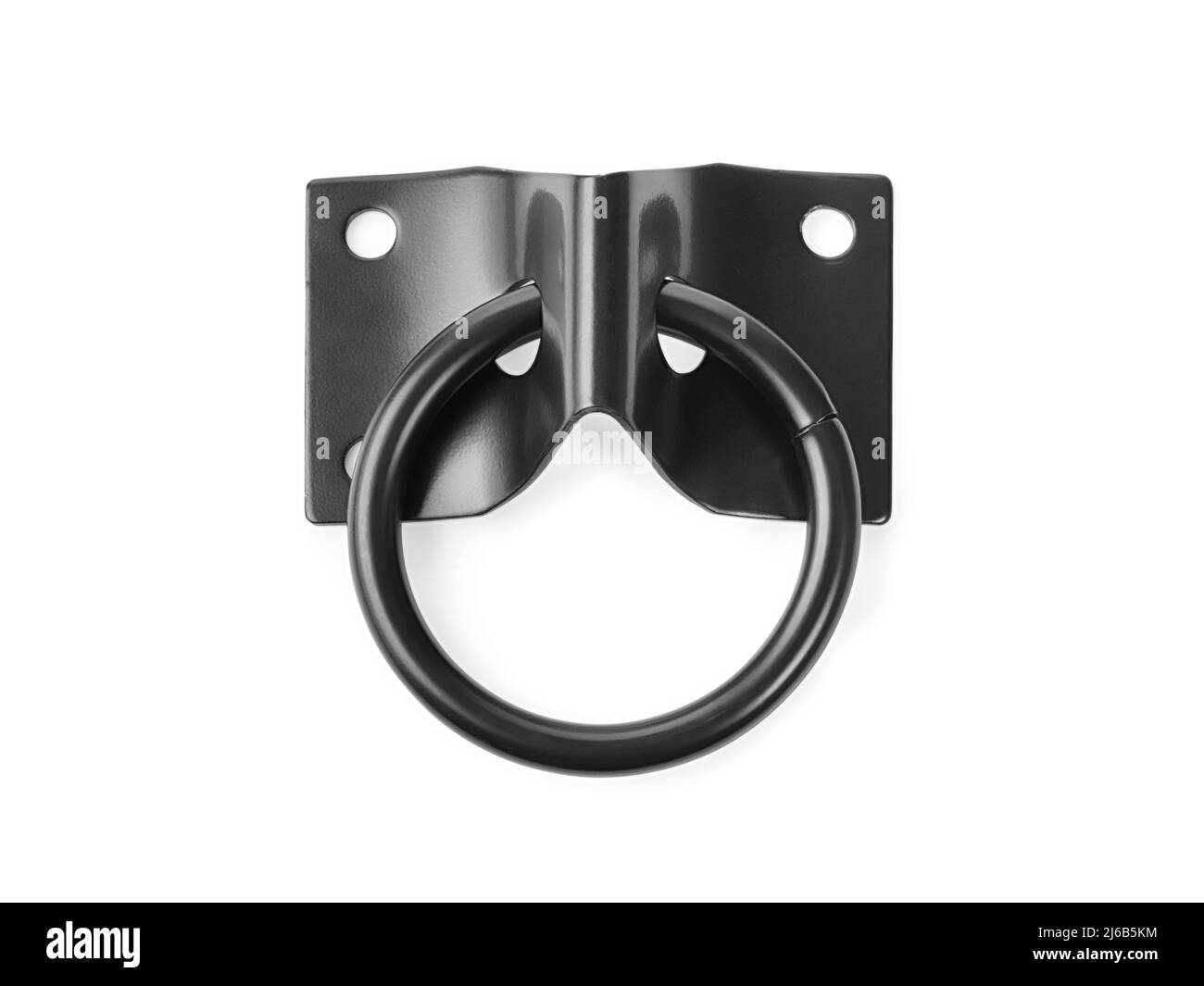 Anello di sicurezza in metallo nero con montaggio a parete. Isolato su bianco, tracciato di ritaglio incluso Foto Stock