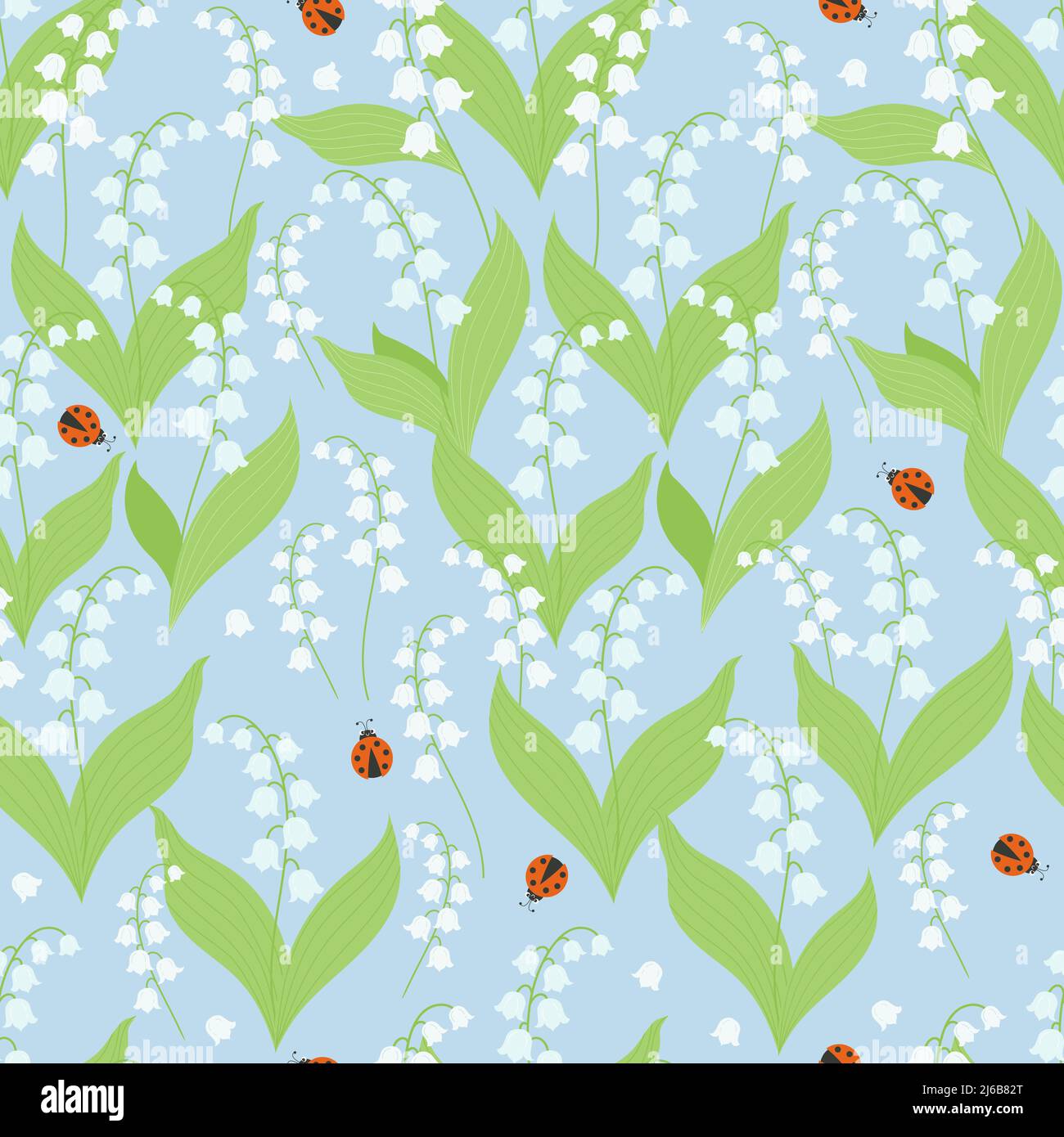Carino motivo floreale senza cuciture con gigli di maggio della valle e ladybugs su sfondo azzurro chiaro. Illustrazione vettoriale. Schema a molla con flusso forestale Illustrazione Vettoriale