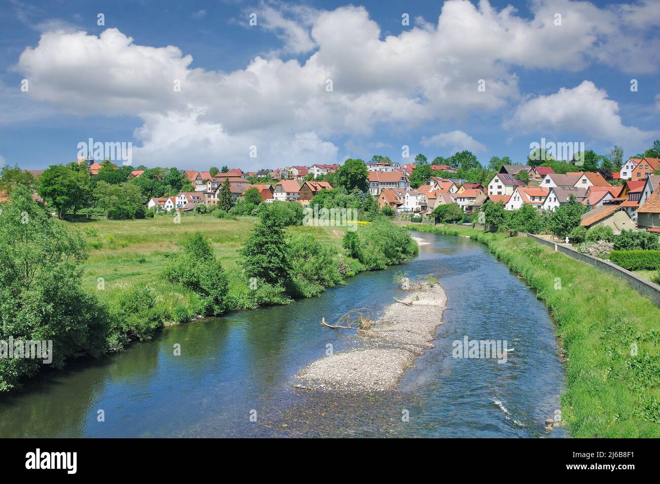 Villaggio di Breitungen, fiume Werra, Turingia, Germania Foto Stock